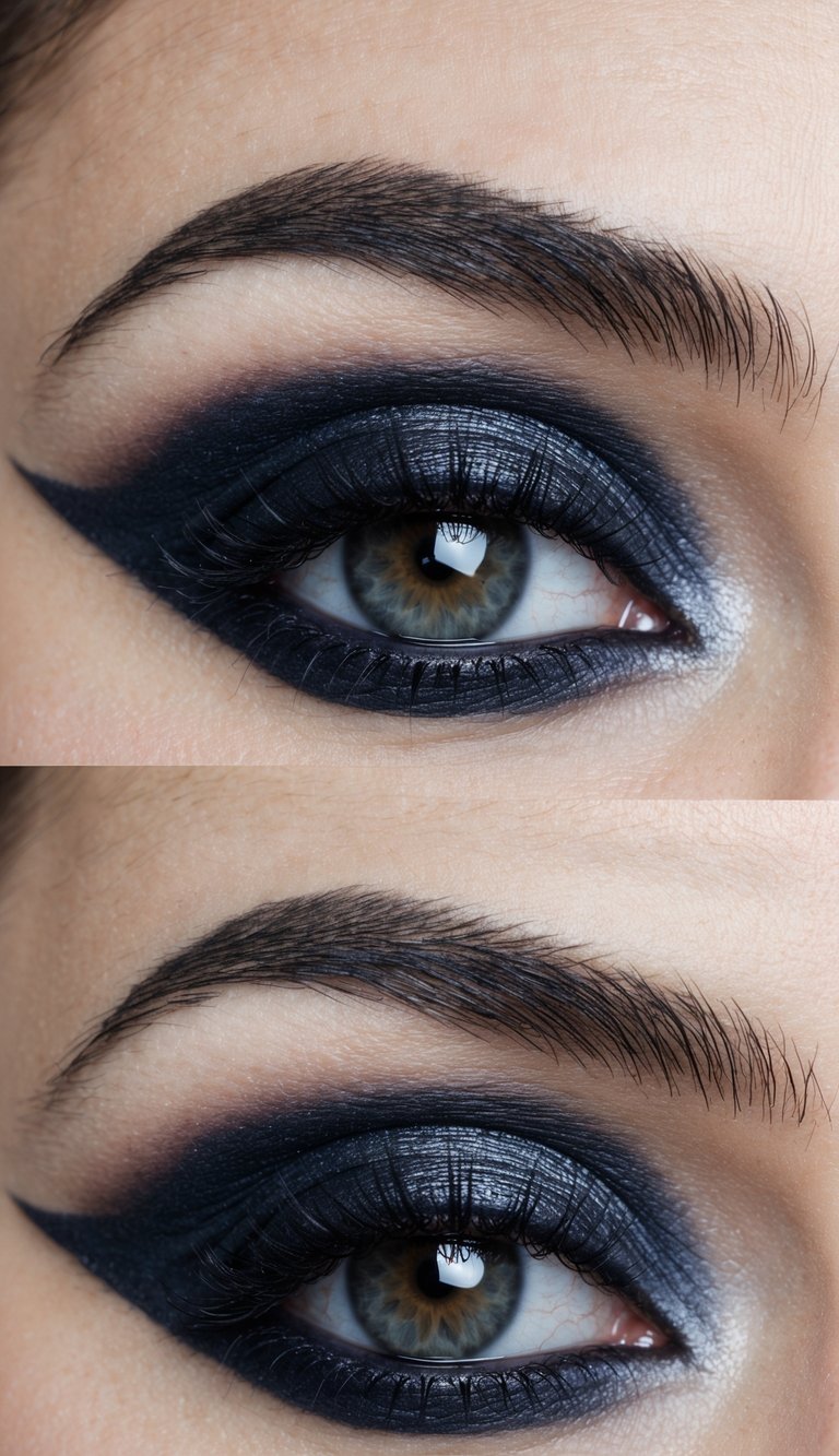 A close-up of an eye with soft-edged, smokey gradient makeup in a dark, emo style