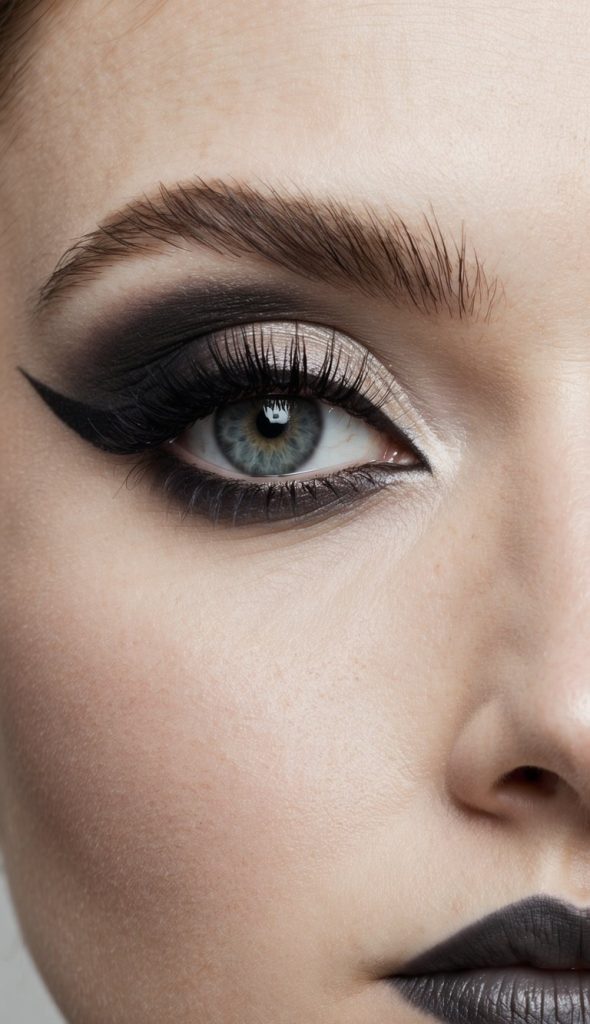 Close-up of a woman's eye with dramatic black smoky eyeshadow and winged eyeliner, paired with dark lipstick.