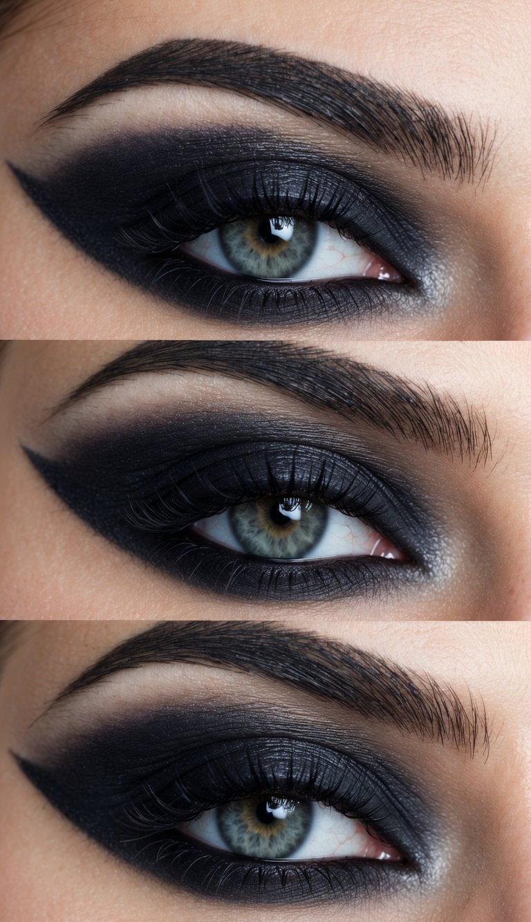 A close-up of a dramatic, smoky eye with soft, blended edges and a dark, matte shadow for an edgy, emo-inspired makeup look