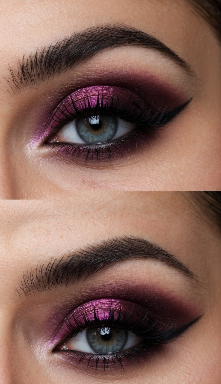 A close-up of a smokey eye with burgundy hues, dramatic and edgy, with a hint of nostalgia for emo makeup styles