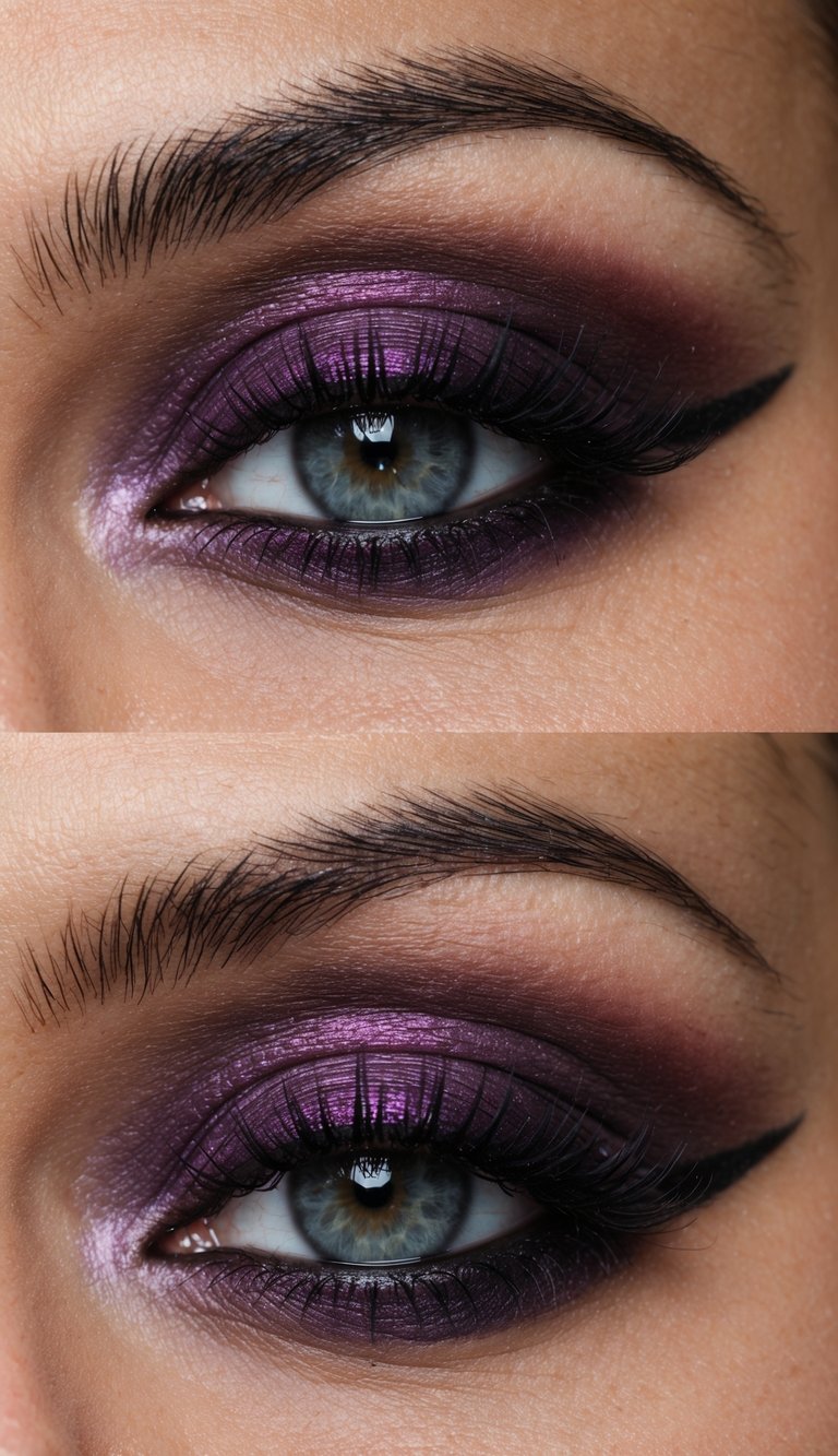 A close-up of a deep plum eyeshadow with blurred edges, creating an edgy and dramatic eye makeup look