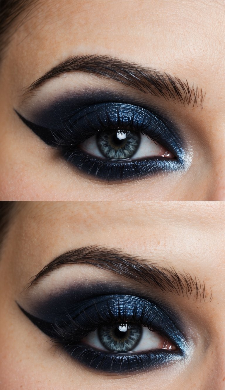 A close-up of a chrome eye with bold, dark eyeshadow, capturing the edgy and dramatic emo makeup style