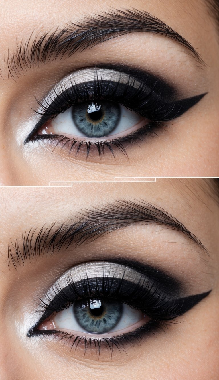 A close-up of an eye with black eyeliner and a smoked underline, showcasing an edgy emo makeup style