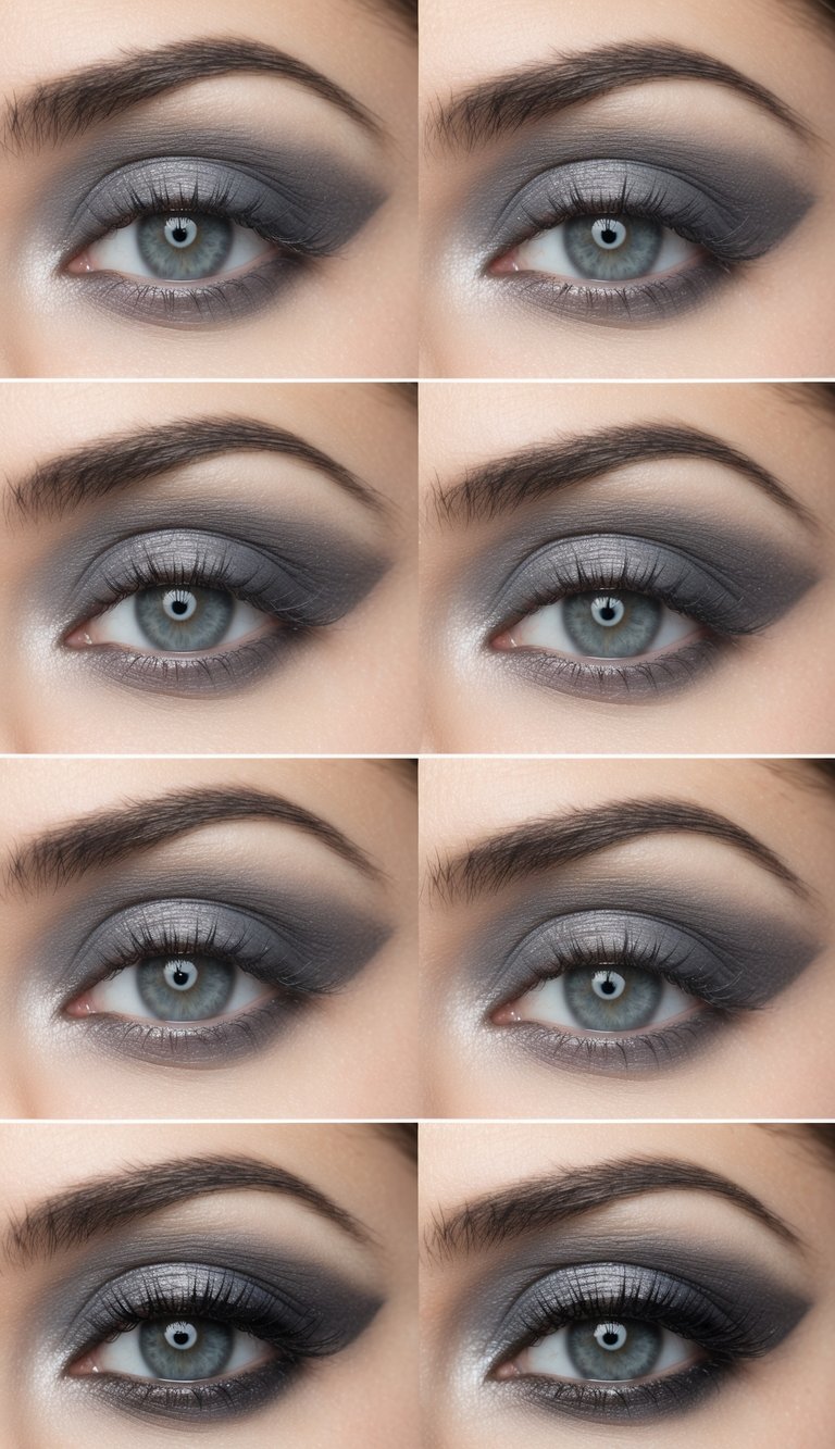 A close-up of an eye with matte grey eyeshadow and a glossy lid, showcasing 50 different emo eye makeup styles for a throwback or modern look