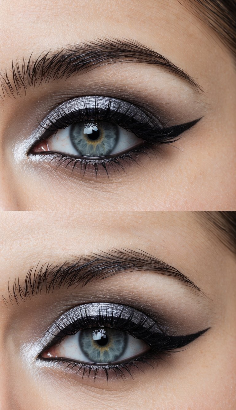 A close-up of an eye with sharp flick eyeliner and shimmery shadow, capturing the edgy and modern vibe of emo makeup