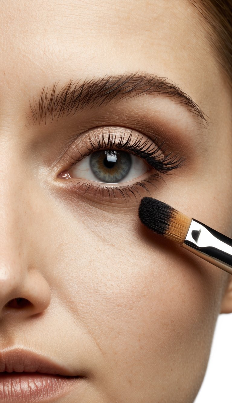 A hand holding a makeup brush applies neutral eyeshadow to a clean eyelid
