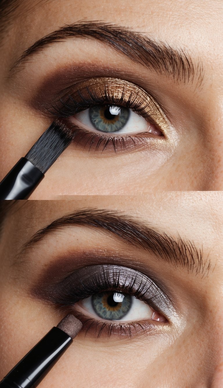 Eyeshadow palette open with brush blending colors above eye crease