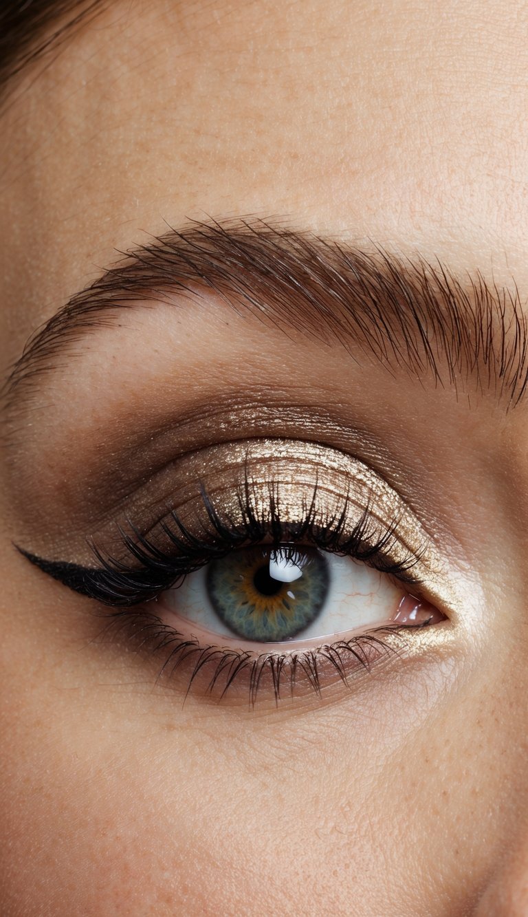 A close-up of an eye with a shimmering eyeshadow on the lid, following a cut crease technique