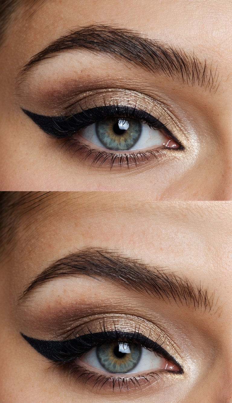 A close-up of an eye with a cut crease makeup look, with the eyeshadow extended slightly beyond the natural crease