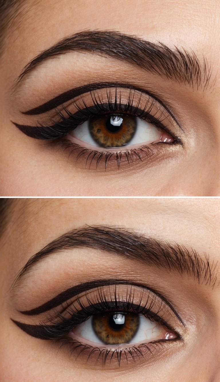 Deep brown lines define hooded eyes in bold cut crease makeup