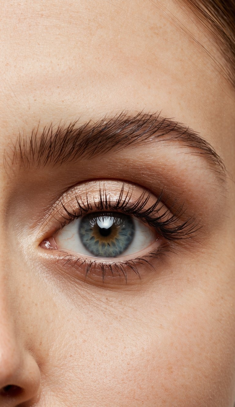 A close-up of an eye with a light shimmer shade under the brow bone