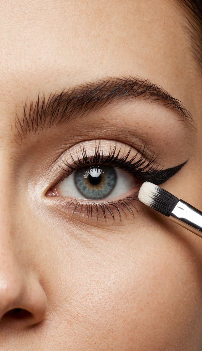 A hand holding a small brush applies light powder eyeshadow over concealer on a eyelid with a cut crease design