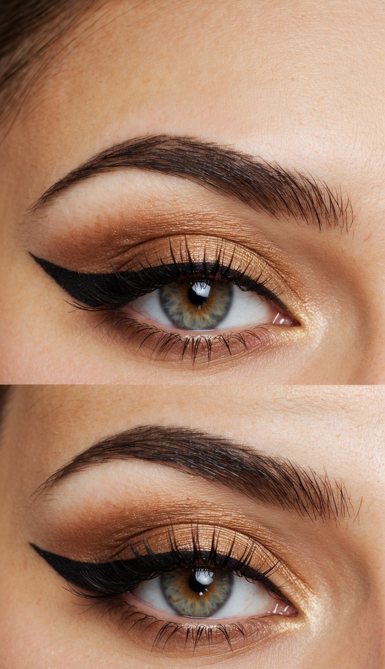 A close-up of an eyelid with warm-toned eyeshadow in a cut crease style, creating a defined and elevated look