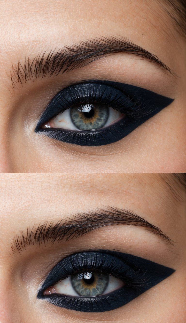 A close-up of an eye with a dramatic cut crease, using black or navy eyeshadow to define and elevate the look