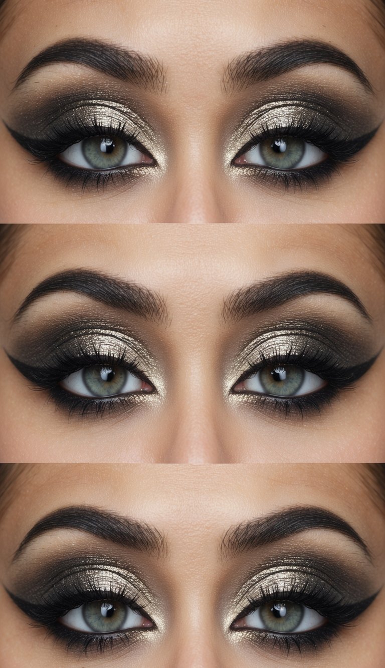Metallic shadows blend across the eyelid, contrasting with matte creases for a striking cut crease eye makeup look
