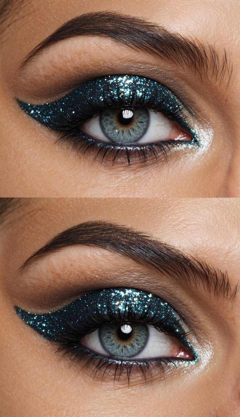 Glitter eyeshadow on the lid, with a defined cut crease for evening glam