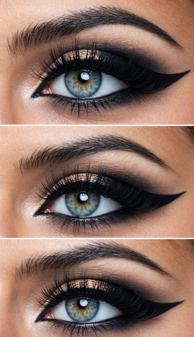 A close-up of a dramatic eye with a cut crease, enhanced with either mascara or false lashes for added impact