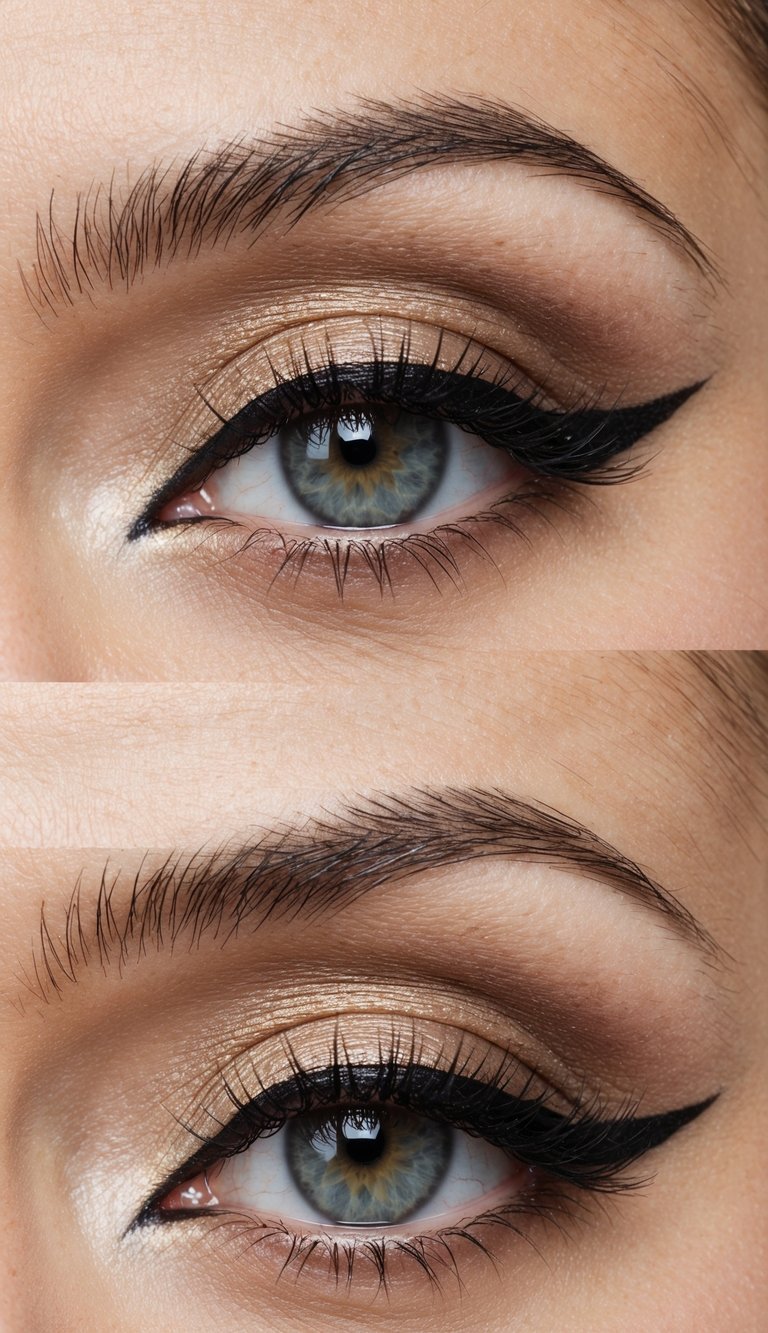 Close-up of a blue eye with gold eyeshadow and black winged eyeliner, highlighting well-defined eyelashes and eyebrows.