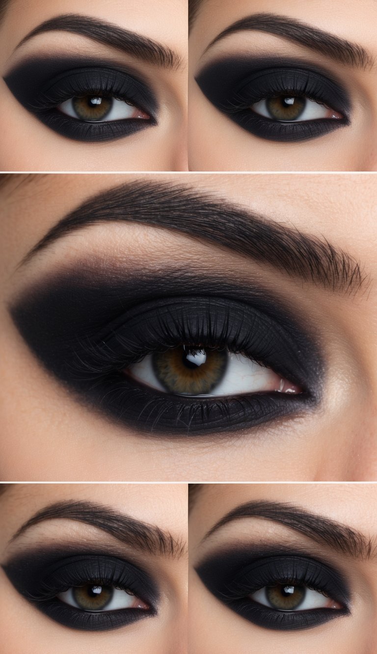A close-up of a dramatic black smoky eye with a matte finish, showcasing bold and intense makeup