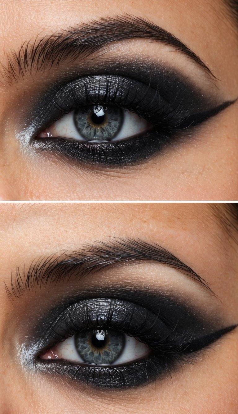 A close-up of a shimmery charcoal grey and black blend eye makeup look, creating bold, smoky drama