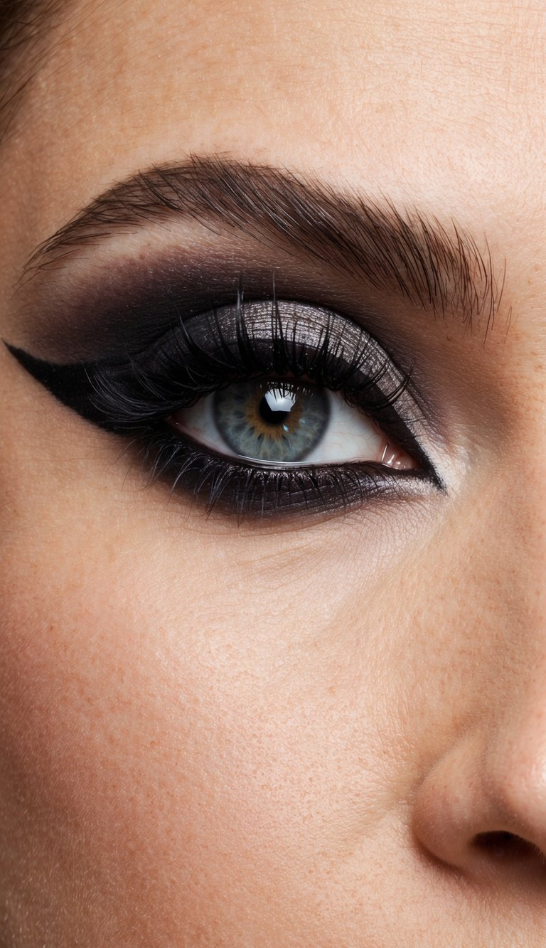 A close-up of a dramatic eye with winged black eyeliner and smoky shadow, creating bold and intense makeup