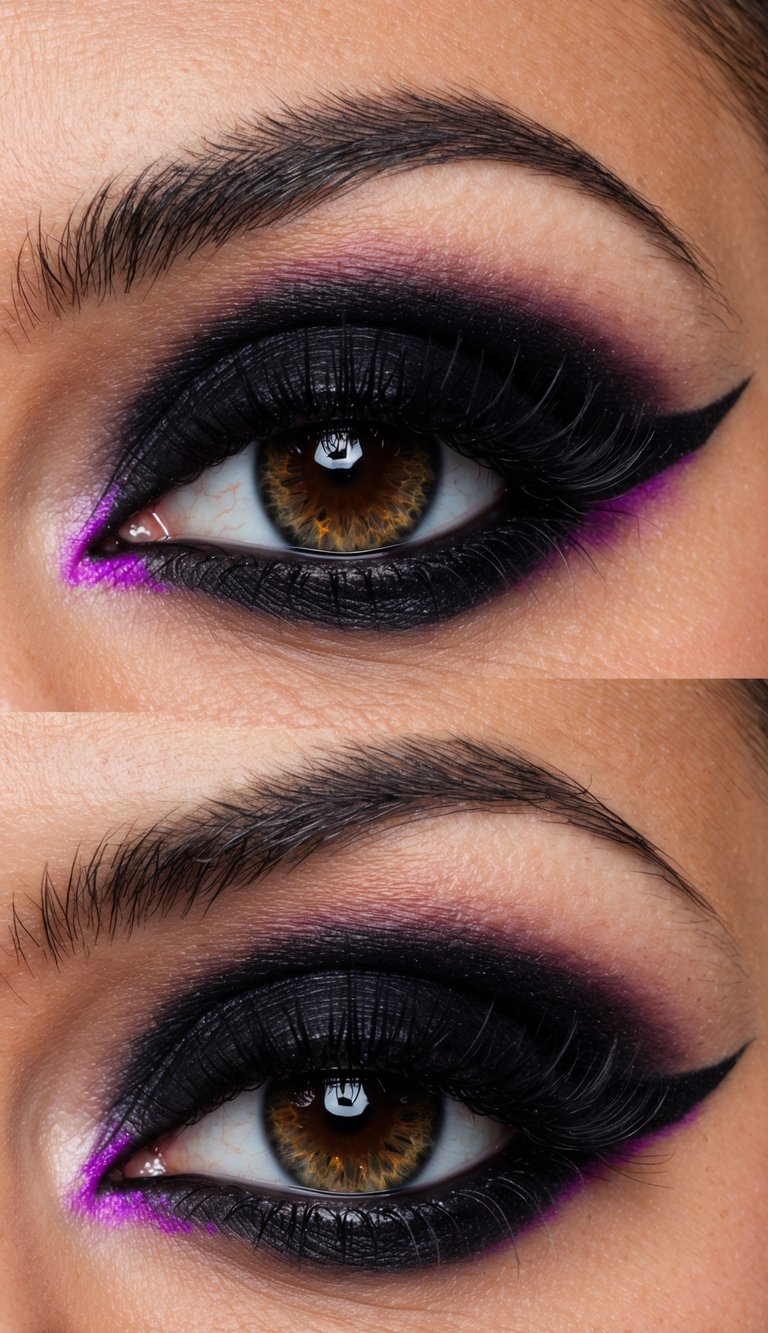 A close-up of a dramatic black smoky eye with vibrant purple accents