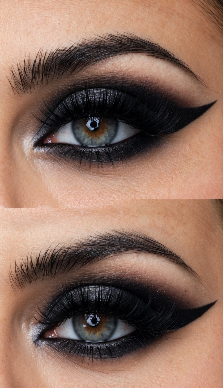 A close-up of a dramatic black winged eyeliner and smoky eye makeup