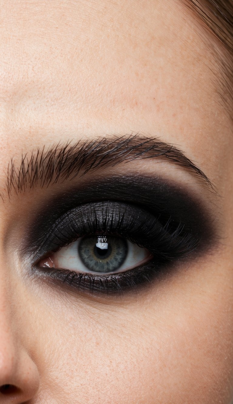 A close-up of a soft smoky black eye with defined lashes, creating bold, smoky drama