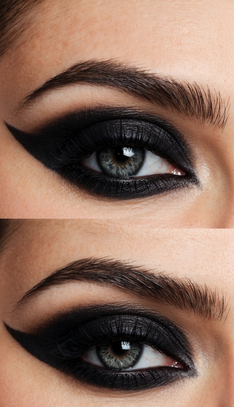 A dramatic black smoky eye with cream eyeshadow, bold and intense