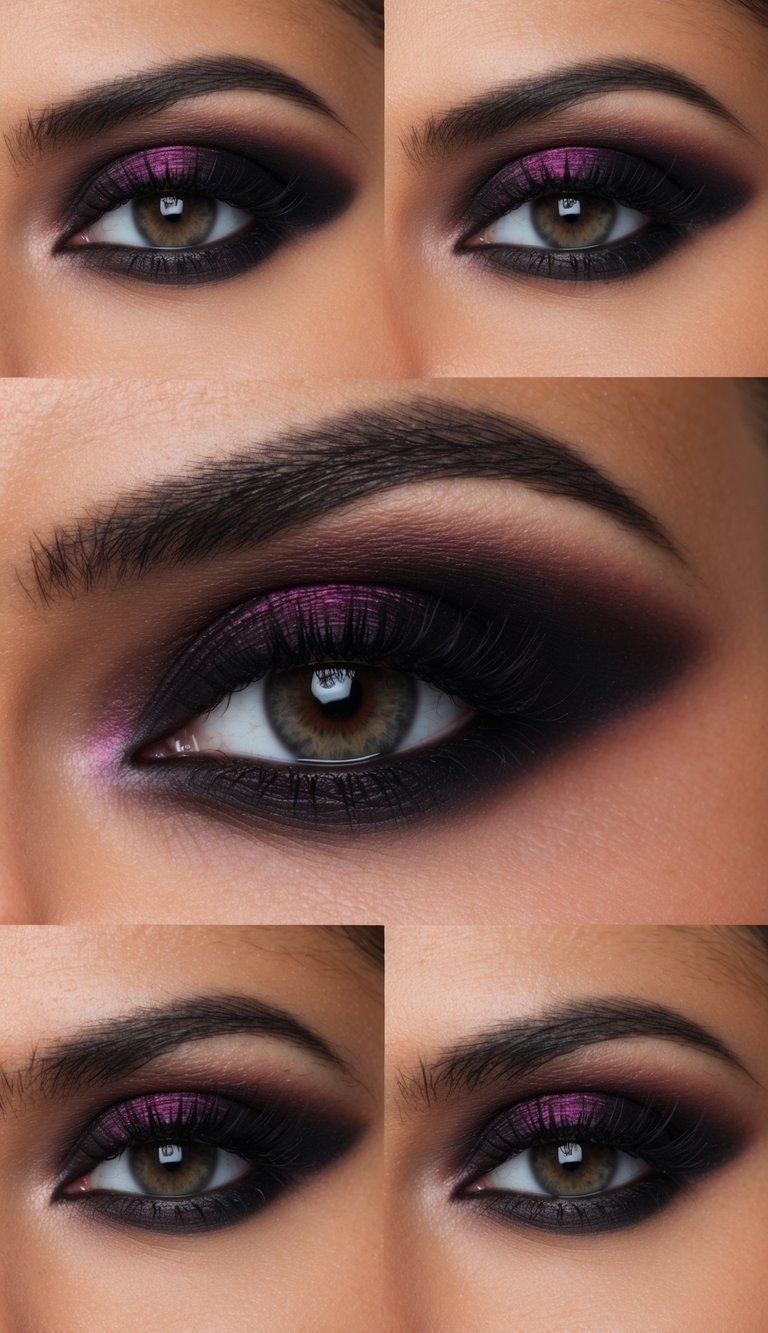 A smoky black eye with deep burgundy hues, dramatic and bold, with intense shadows and rich colors