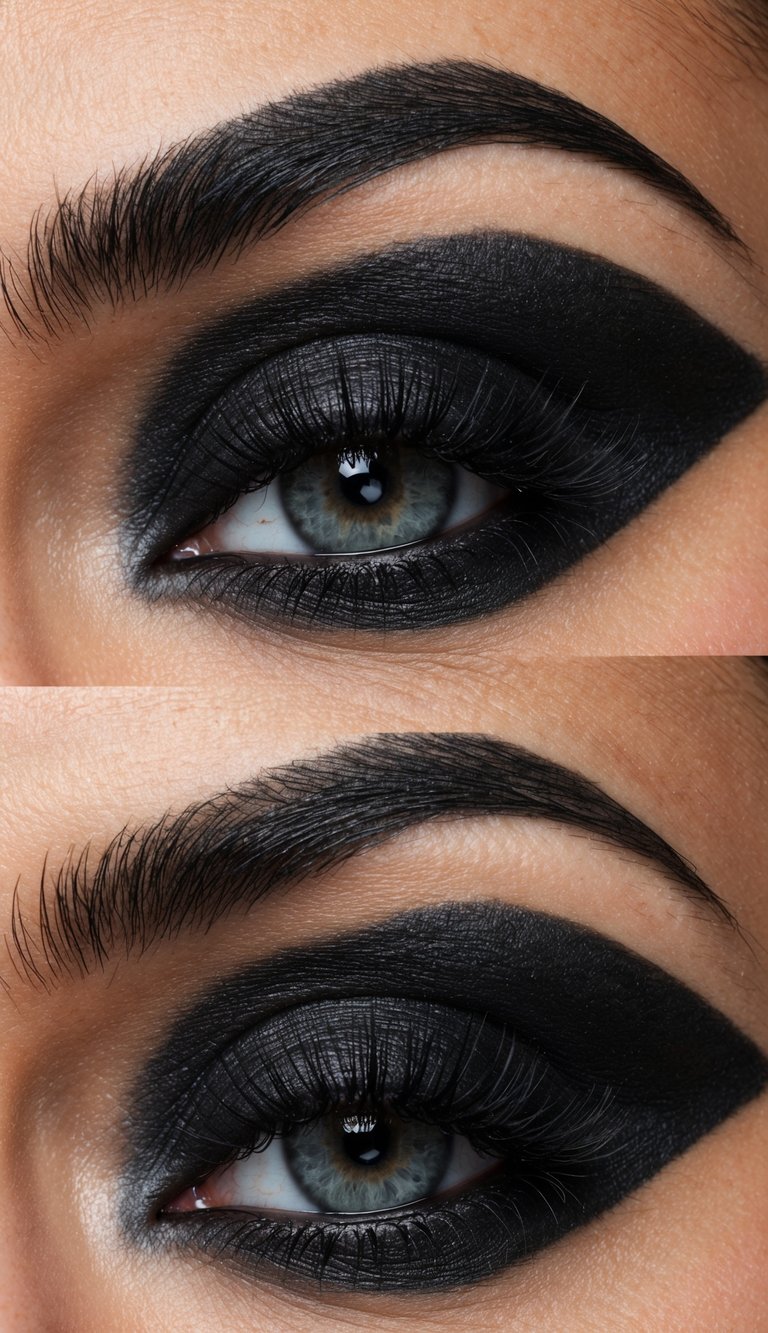 A smoky black shadow blended with matte black eyeliner, creating bold and dramatic eye makeup
