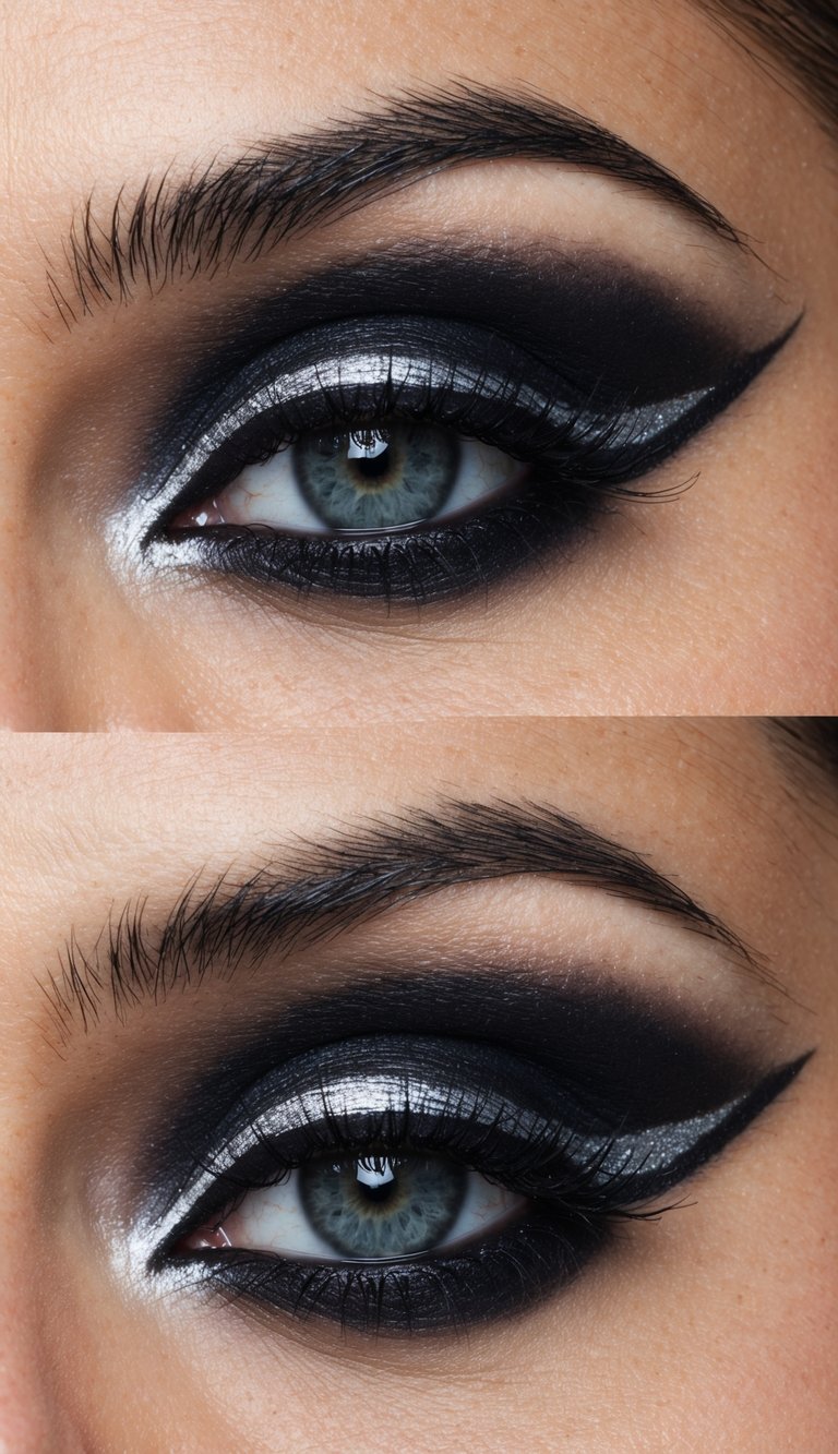 A close-up of a dramatic eye makeup look with black eyeshadow and winged silver eyeliner, creating bold, smoky drama