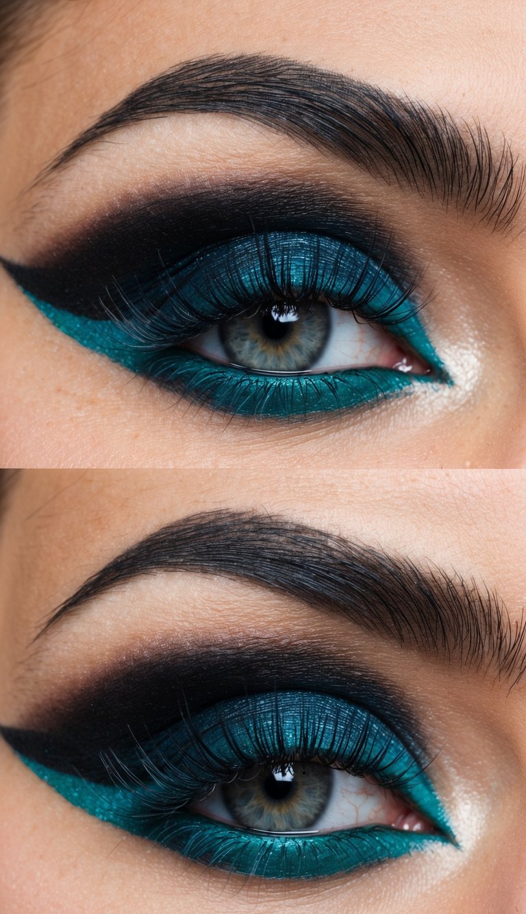 A close-up of a dramatic black smoky eye with a vibrant teal lower lash line, creating bold and intense eye makeup