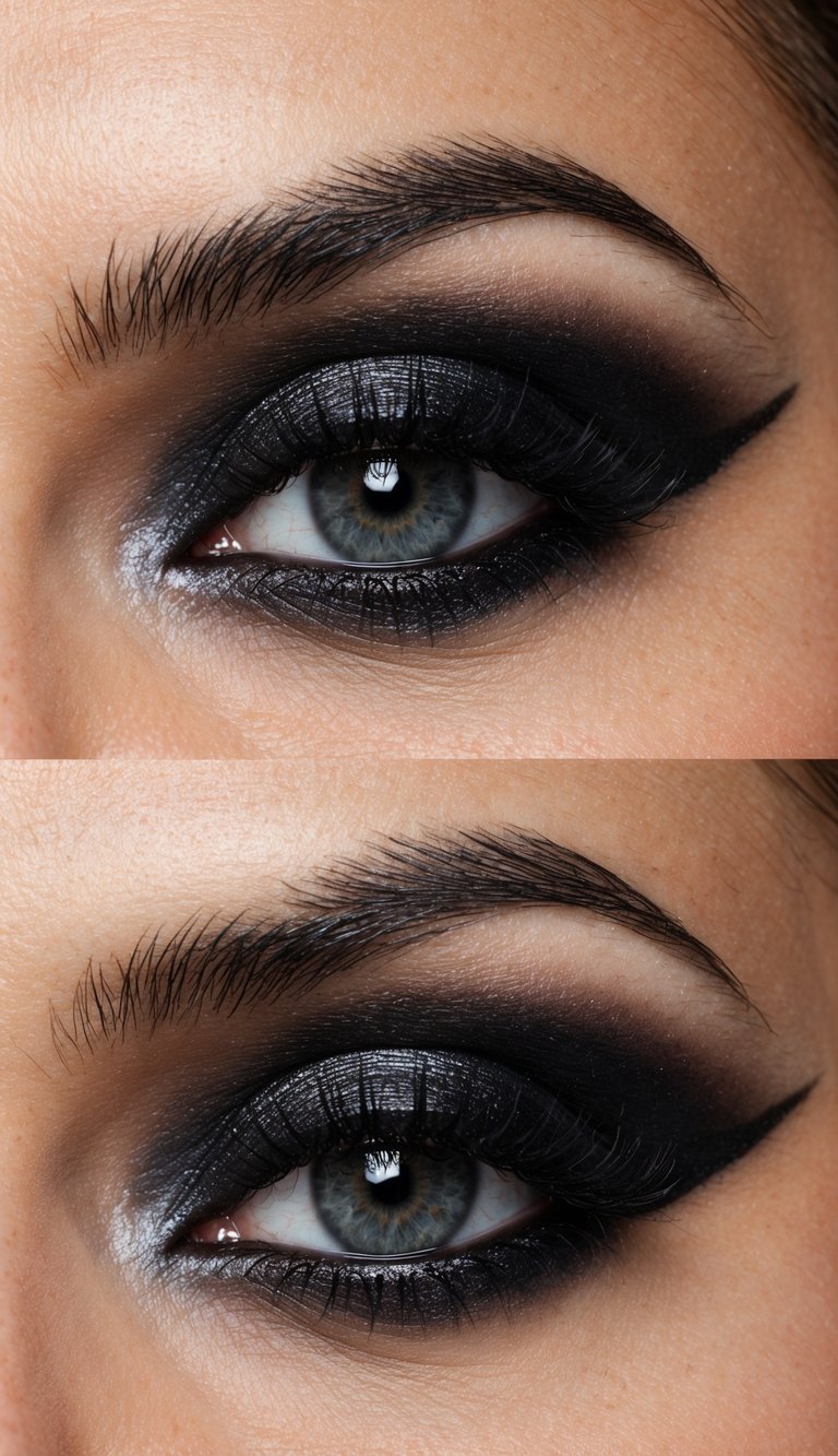 A close-up of a graphite black smoky eye with a glossy lid, creating bold and dramatic makeup