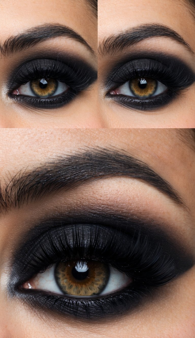 A close-up of a dramatic black smoky eye with bold false lashes, creating intense and striking makeup look