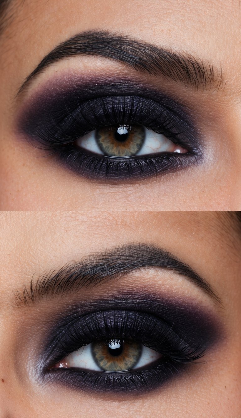 A close-up of a smoky eye makeup look with black and plum shades, showcasing bold and dramatic eye makeup