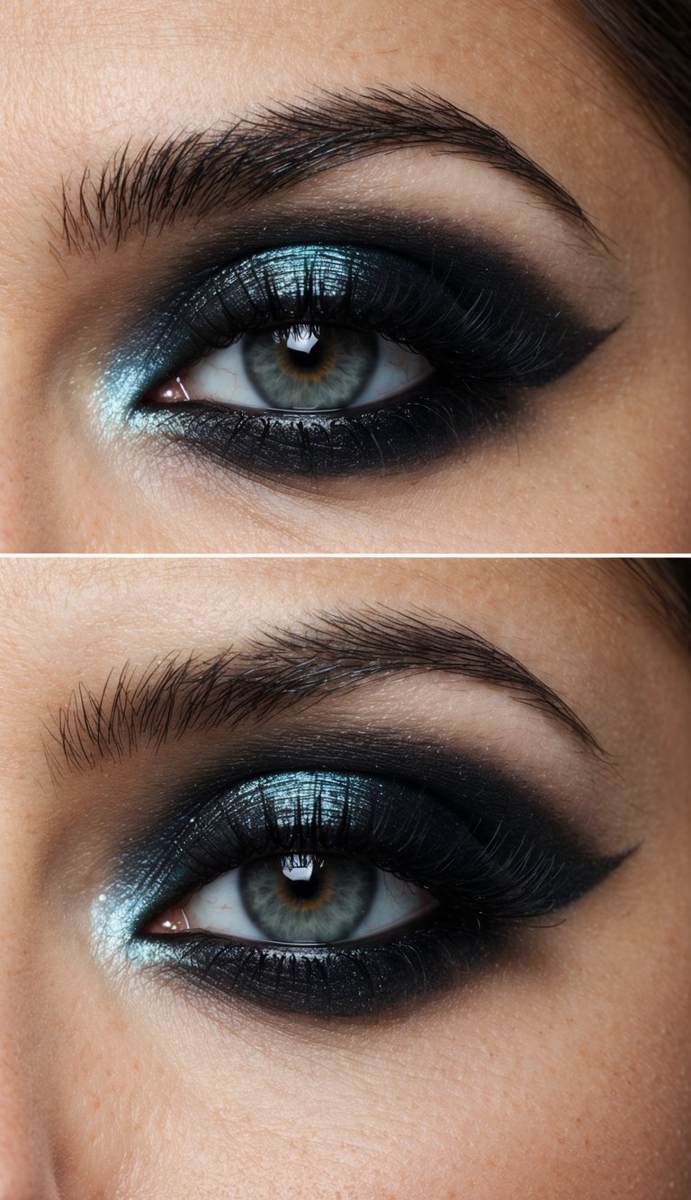 A close-up of a smoky black eye with iridescent highlight, creating bold and dramatic makeup