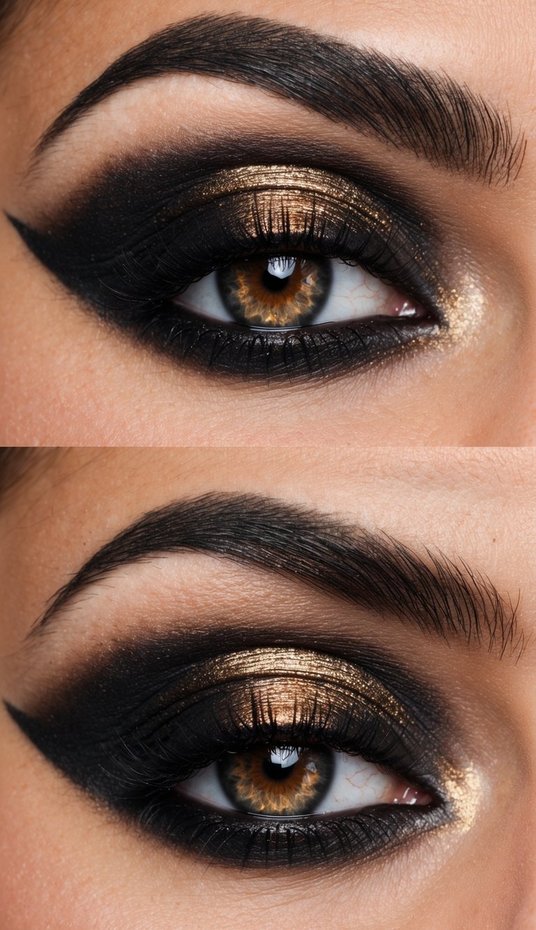 A close-up of a smoky black eye with a bronze metallic pop, creating bold and dramatic makeup