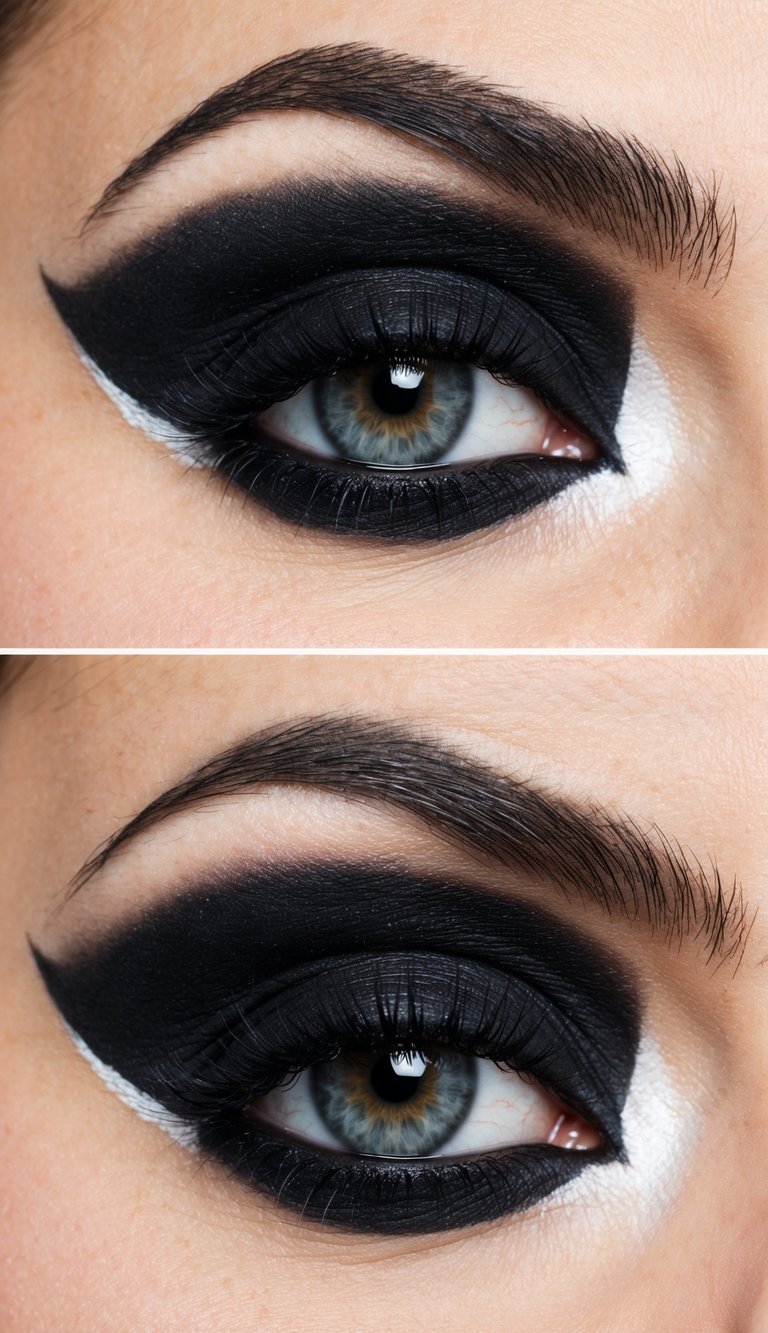 A close-up of a dramatic black smoky eye with a bright white inner corner, creating bold and intense makeup look