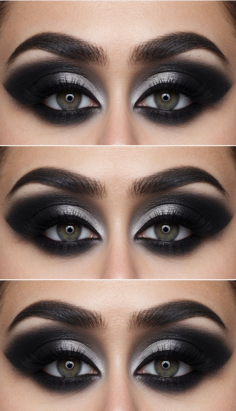 A close-up of a soft black and grey smoky eye makeup look, with bold and dramatic shading