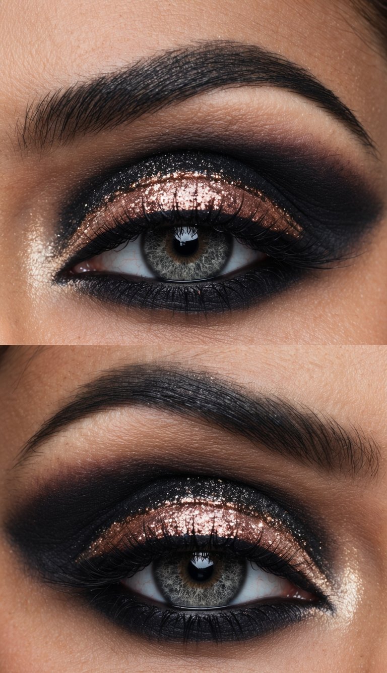 A close-up of a dramatic black smoky eye with rose gold glitter, creating bold and intense eye makeup