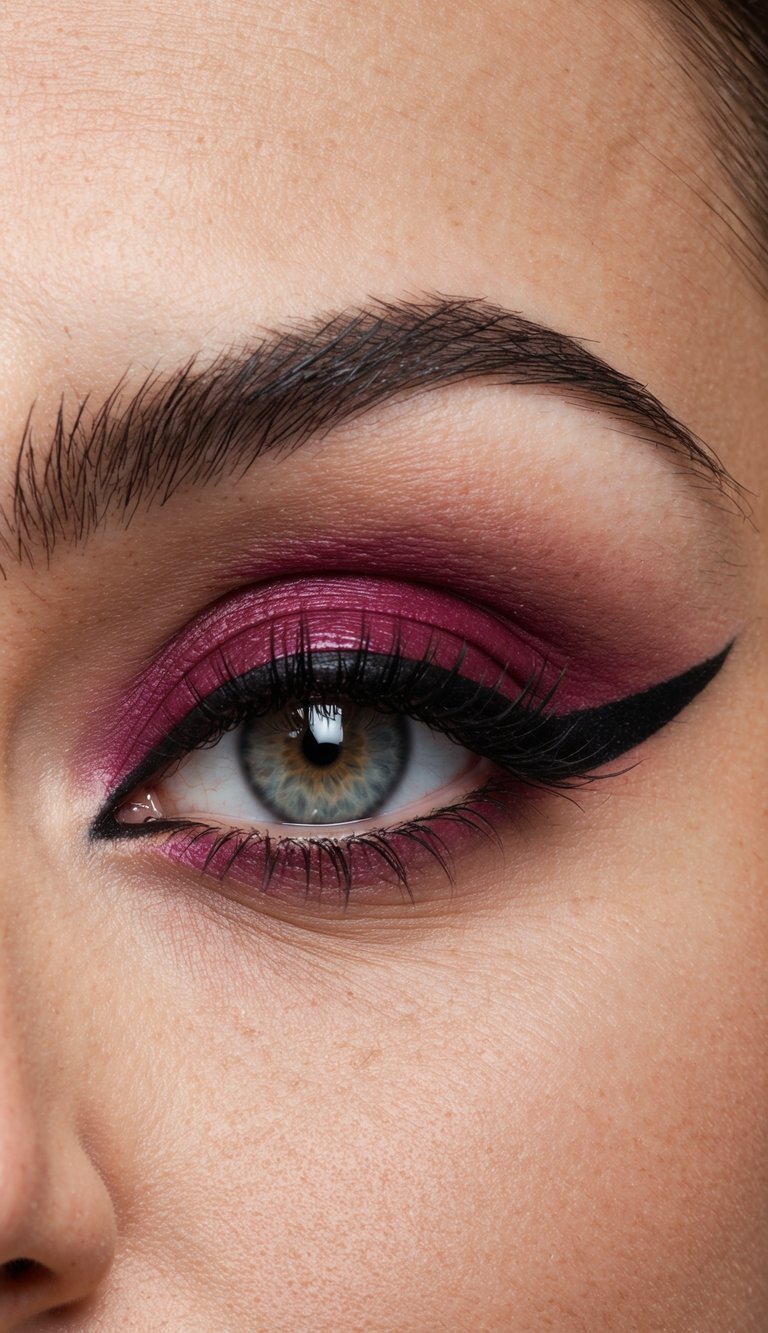 A close-up of a bold burgundy eyeliner with a sleek black wing, creating a romantic and dramatic eye makeup look