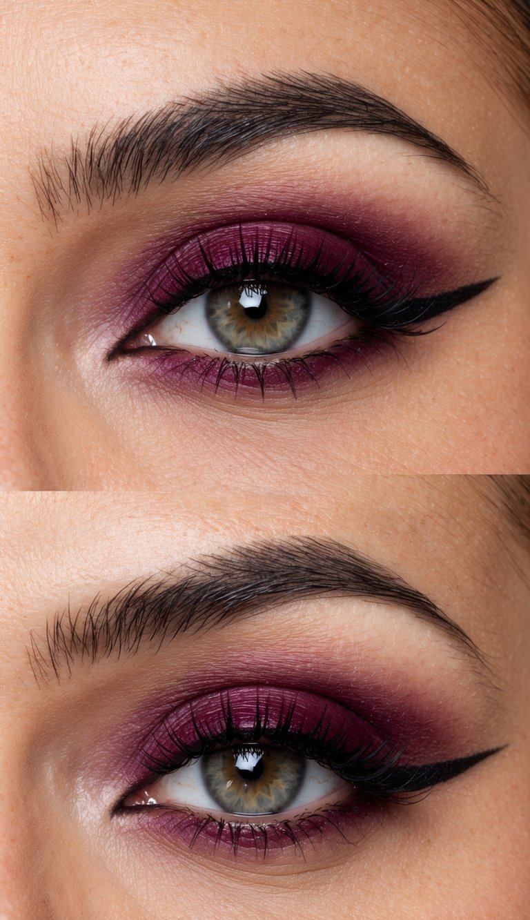 Close-up of an eye with bold makeup featuring rich burgundy eyeshadow and sharply defined black eyeliner on the upper eyelid.
