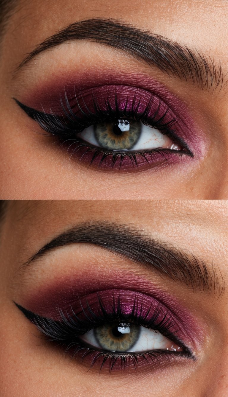 A close-up of a dramatic burgundy eye makeup look with bold winged shadow