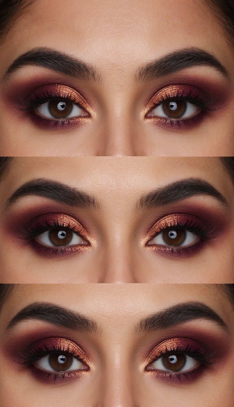 A close-up of burgundy and copper ombre eye makeup, with bold and romantic vibes