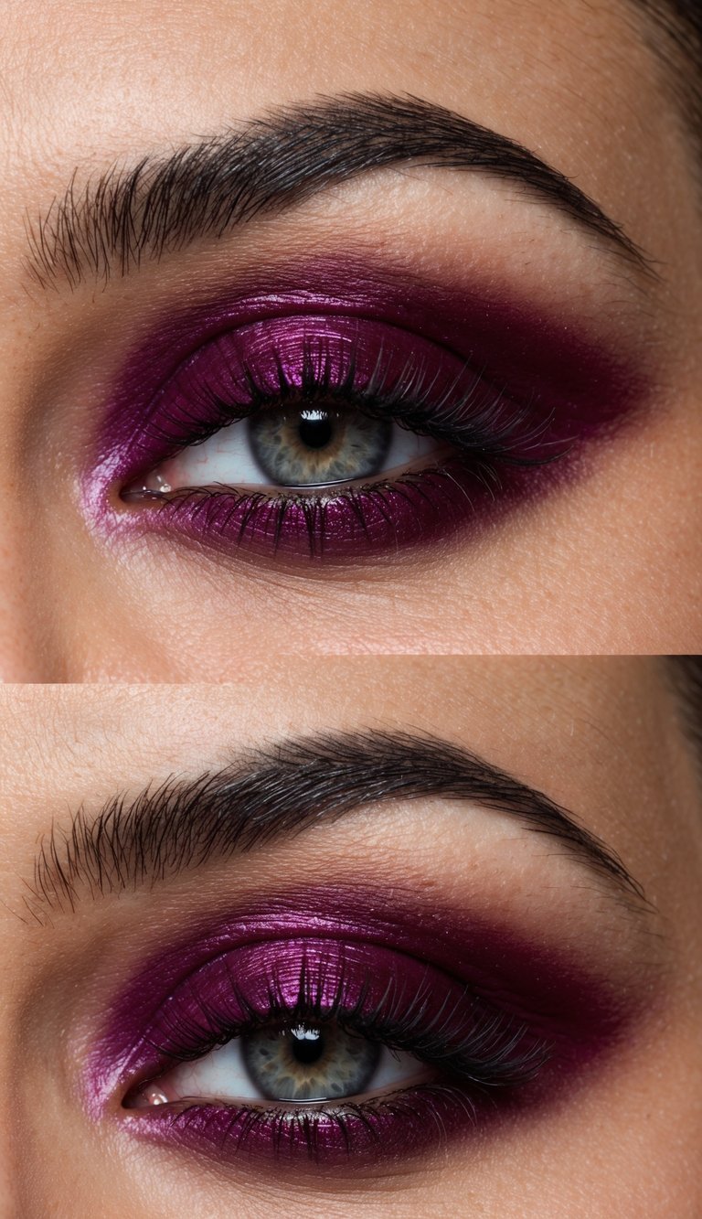 A bold burgundy eye makeup look with glossy lips, exuding a romantic and daring vibe