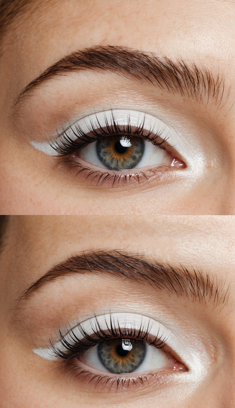 A close-up of a glossy eyelid with a white eyeshadow base