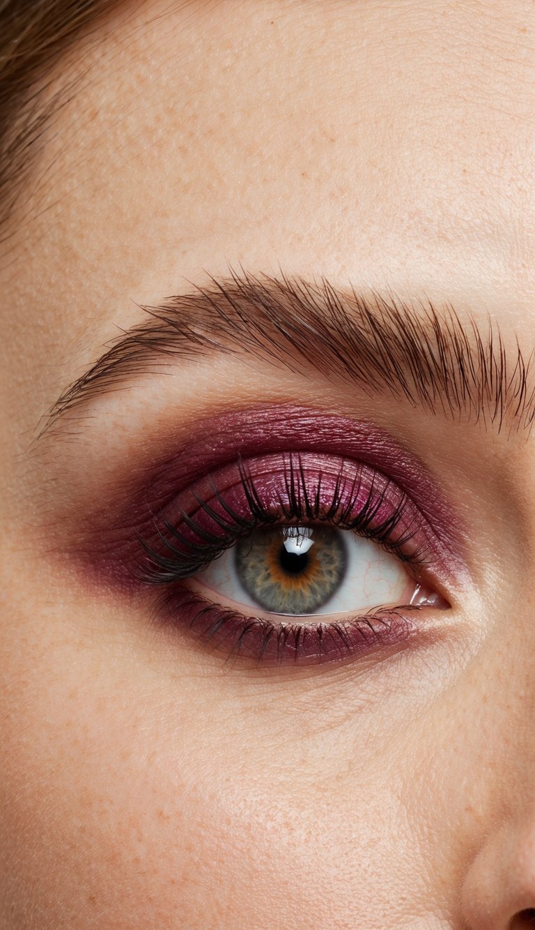 A close-up of an eyelid with a subtle burgundy wash, framed by long lashes and a hint of shimmer