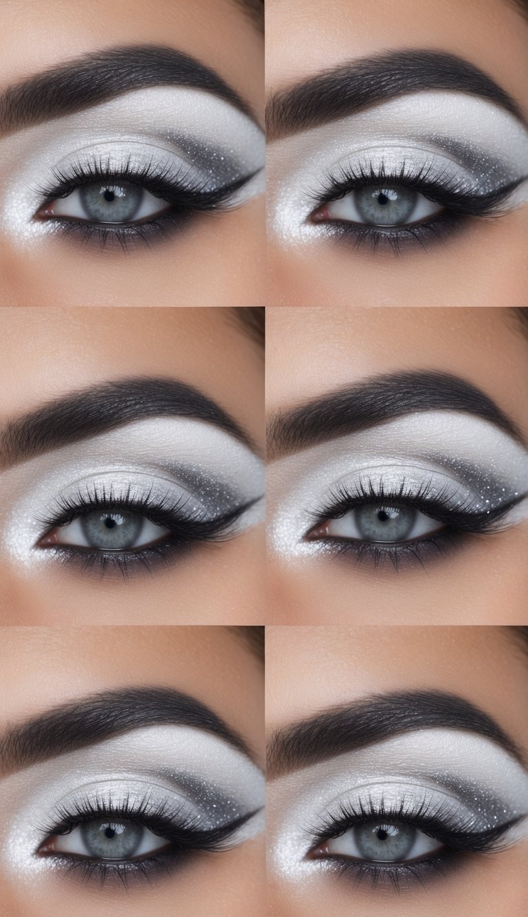 White smoky eyes with silver shimmer, futuristic backdrop