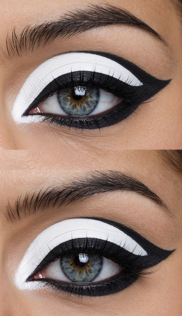 A close-up view of a white eyeshadow cut crease with bold black eyeliner, creating a futuristic and striking eye makeup look